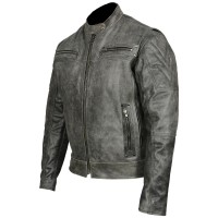 HMM542DG Mens Distressed Gray Padded & Vented Leather Scooter Jacket