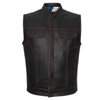 HMM924R High Mileage Mens Zipper and Snap Closure Leather Club Vest with American Flag Liner and Red Stitching