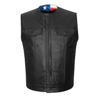 HMM929 High Mileage Mens Zipper and Snap Closure Collarless Leather Club Vest with American Flag Liner