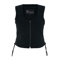 VB1042BK Womens Black Denim V Neck Vest with Zipper & side laces