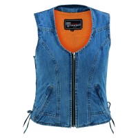 VB1042BL Womens Blue Denim V Neck Vest with Zipper & side laces