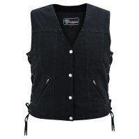 VB1045BK Womens Black Denim V Neck Vest with Snap opening & side laces