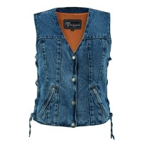 VB1045BL Womens Blue Denim V Neck Vest with Snap opening & side laces