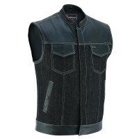VB912BK Mens Denim & Leather Vest with White Stitching