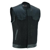 VB913BK Mens Collarless Black Denim & Leather Vest
