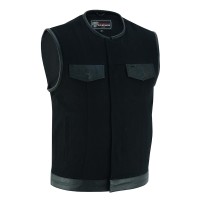 VB919L Denim Black Collarless Club Vest with Leather trims