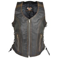 VL1029P Vance Womens Black Lace Side Zipper Pocket Premium Cowhide Leather Biker Motorcycle Vest