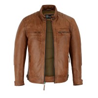 VL550Br Mens Cafe Racer Waxed Lambskin Austin Brown Motorcycle Leather Jacket