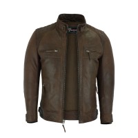 VL550CBr Mens Cafe Racer Waxed Lambskin Chocolate Brown Motorcycle Leather Jacket