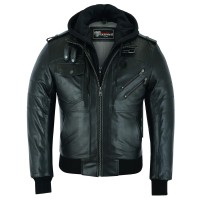 VL551B Mens Sven Bomber Black Waxed Premium Cowhide Motorcycle Leather Jacket with Removeable Hood