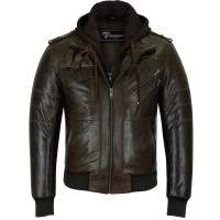 VL551CBr Mens Vincent Brown Waxed Premium Cowhide Motorcycle Leather Jacket With Removeable Hoodie