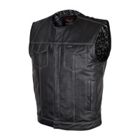 VL919GS Mens Zipper and Snap Closure Leather Club Vest Quick Access Gun Pocket w/ Grey Stitching