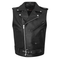 VL926 Mens Premium Naked Leather Classic Motorcycle Vest Plain Side & Belted Waist