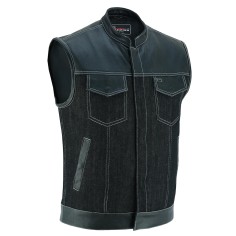 VB912BK Mens Denim & Leather Vest with White Stitching