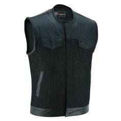 VB913BK Mens Collarless Black Denim & Leather Vest

