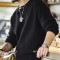 Vintage Black Knitted Henley Pullover Mens Amekaji Vertical Stripes Thick Sweater - Black