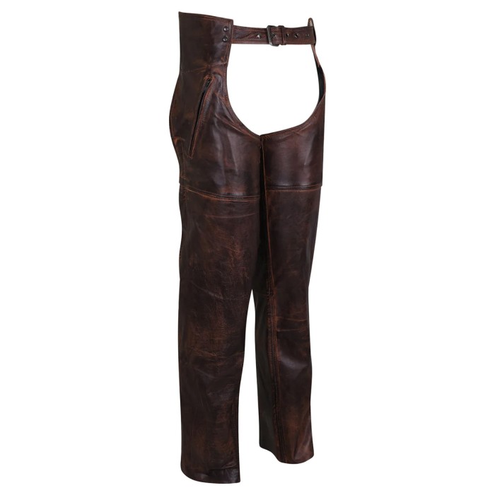 HM814VB High Mileage Vintage Brown Leather Chap - High Mileage Vintage Brown Leather Chaps lining are designed using a highly durable, premium quality leather. These high quality chaps are designed with quilted inside lining. Ride the open road with confidence sporting a pair of our exclusive leather chaps and show off your authentic biker style!

High Mileage Vintage Brown Leather Chaps are distinctive and well-made. These chaps were designed to complement the High Mileage Vintage Leather Jackets.

They also boast several features that have been added for your comfort, including stretch panels on the thighs. These chaps also feature a buckle closure in the front and laces in the back so that you can adjust the waist to fit your body type. High Mileage has crafted these chaps with full-length zippers on the side so that you can easily put them on and take them off. These chaps are available in sizes, ranging from X-small to 5XL.

Features
Compliments the High Mileage Vintage brown Leather Jackets
Leg openings feature snap closures and full-length side zippers for easy on/easy off
Power stretch panel at the thigh allows for a more comfortable fit that will not cling to your pants
May be cut to length
Size Chart
Size	Thigh Measurement	Waist
XS	19	26-34
S	20.5	26-34
M	22	28-38
L	23	32-42
XL	24	32-42
2XL	25	32-42
3XL	26	32-42
4XL	27	32-42
5XL	28	32-42 in Leather Jackets & Clothing