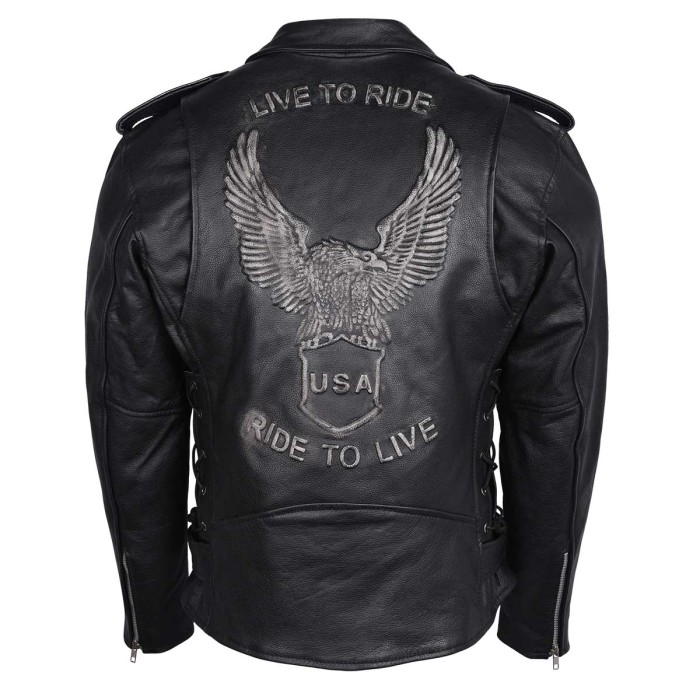 HMM525 Eagle Embossed Classic Biker Jacket - Eagle Embossed Classic Biker Jacket.
Stay true to the Vance Leather family with this LIVE TO RIDE, RIDE TO LIVE beautifully embossed leather motorcycle jacket. It has the classic look and feel with embossed lettering on the back.

Features
Zip-out Liner with insulation material
Material: Soft Leather
Side Laces
Concealed Carry Gun Pocket 
Adjustable Belt
Hidden Snap Down Collar
Zippered Cuffs
Pockets : 2 outside zippered pockets & 2 inside pockets

Size	Chest
XS	42``
S	44``
M	46``
L	48``
XL	50``
2XL	52``
3XL	54``
4XL	56``
5XL	58`` in Leather Jackets & Clothing