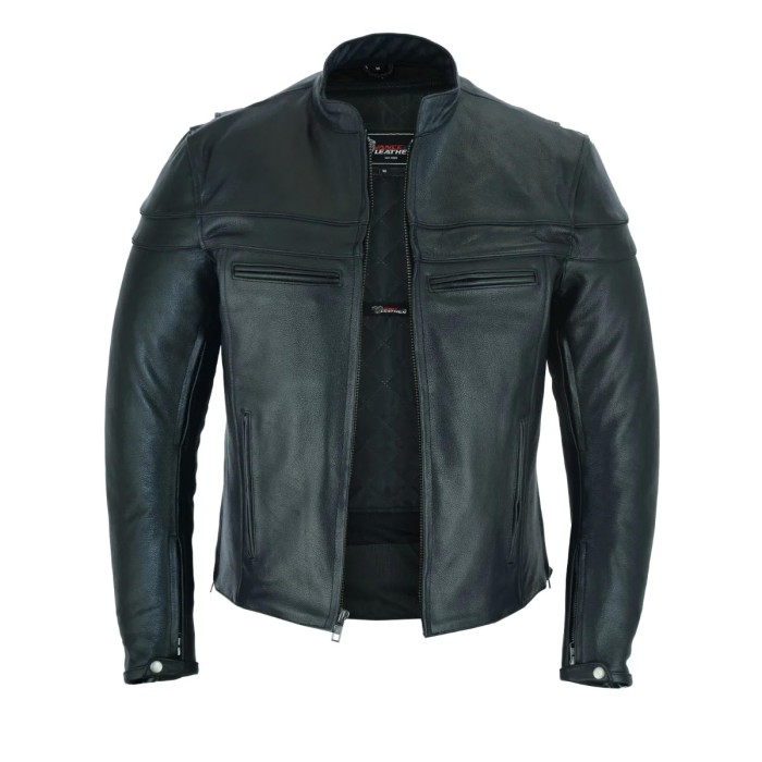 VL531 Men`s Racer Jacket with Zippered Vents - Mens VL531 Leather Motorcycle Jacket

Features
       A quilted zip-out liner, vents on the chest, back, and arms.
    Zippered sleeves with snap enclosures.
    Two front zip pockets.
    Two internal snap pockets.
    Zip-down sides for a tighter fit.
    Two black horizontal chest-height piping details.
    Euro Style Collar
    Vents on Chest, Back & Arms
    Available in Black Only

Sizing
Please measure the circumference of your chest in inches using a cloth tape measure and add 1 if the measurement is an odd number to get the next even number and choose the size from the chart below. in Leather Jackets & Clothing