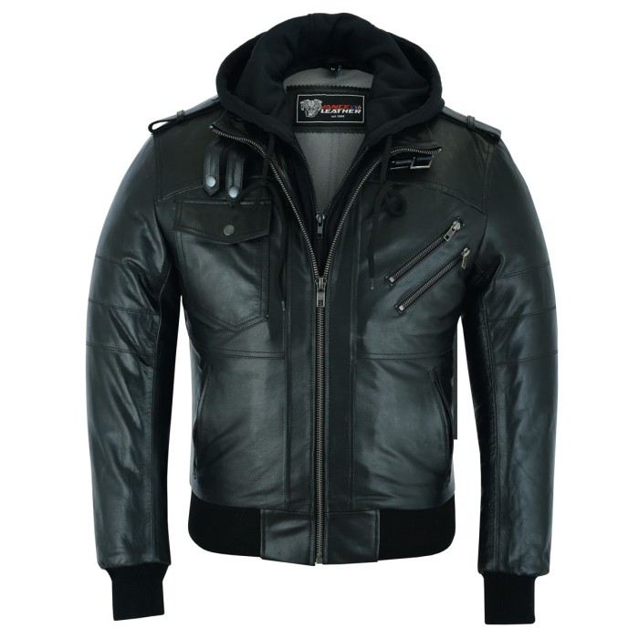 VL551B Men`s Sven Bomber Black Waxed Premium Cowhide Motorcycle Leather Jacket with Removeable Hood - Features :

    100% Premium Cowhide LEATHER: is made of 100% Cowhide Leather to provide the best quality of leather to our community. With the elaborate design, exquisite workmanship, and high-quality Premium Cowhide leather, Vance Leather provides more functional and fashionable jackets for men.
    MULTI POCKETS: No matter how you live, youll be able to bring whatever you need with you in two waist pockets, 1 front straight chest pocket, 2 diagonal zipper chest pockets, 1 accessory pocket inside, and a phone pocket. Multiple pockets make it super easy to carry your important documents and all necessary items which you want to bring with you.
    AFFORDABLE QUALITY: We manufacture our jackets with the highest quality materials at an affordable price. Try our jackets without worry because you will notice the quality of workmanship and ride in style.
    MODERN DESIGN: Removeable zip-off Hoodie, giving the jacket multiple styles. Can be worn as a standing collar jacket. This men’s jacket is a perfectly cool and modern piece to rock, perfect for commuters or riders who stick to the roads. Team them with jeans for an eye-catching look. 

 Size Chart
Size 	Chest
S 	42
M 	44
L 	46
XL 	48
2XL 	50
3XL 	52
4XL 	54
5XL 	56 in Leather Jackets & Clothing
