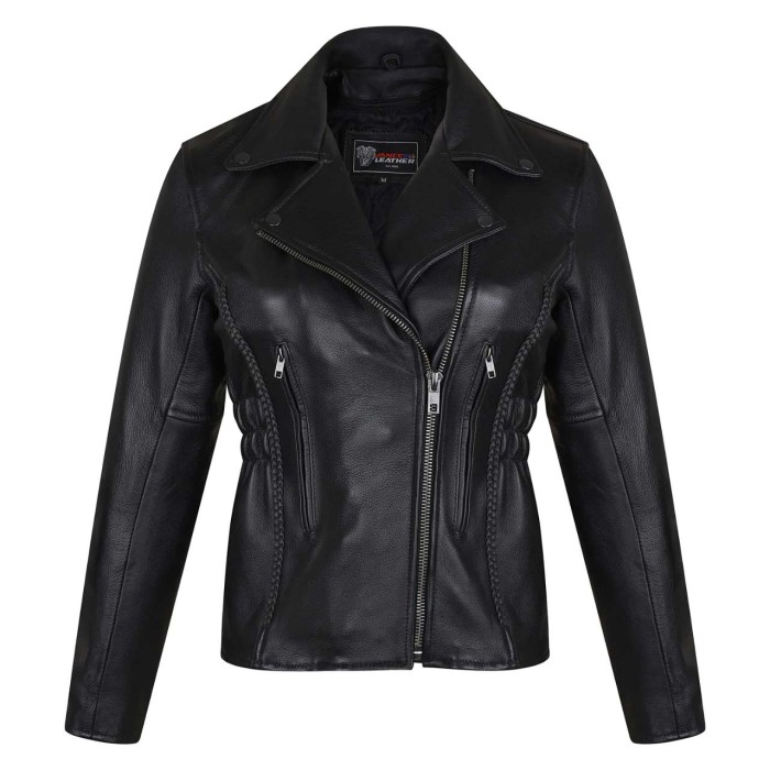 VL615S Ladies Standard Leather Braid and Stud Motorcycle Leather Jacket - This Ladies Braid & Stud Leather Jacket. Fully lined, it also has a quilted zip-out liner, stretches cinch waist, studded, and braided rear waist detailing, 2 front zippered pockets, 2 zippered sleeve cuffs, snap-down collar, and front braid accents. YKK zippers, right front interior snap pocket. Great Quality Leather.

Features
Standard Leather shell
Braids in front and back of the jacket
Studs on the back of the jacket for a classic style look
Gather sides on the waist for the perfect fit
Vent holes on underarm
Zippers on sleeve cuff for adjustability
Removable full sleeve quilted liner
2 vertical waist pocket and 1 inside pocket for essentials
YKK zippers

Size	Chest	Waist	Sleeve
XS	37``-38``	29``-30``	23``
Small	39``-40``	31``-32``	23 1/4``
Medium	41``-42``	33``-34``	23 1/2``
Large	43``-44``	35``-36``	23 3/4``
X-Large	45``-46``	37``-38``	24``
2X-Large	47``-48``	39``-40``	24 1/4``
3X-Large	49``-50``	41``-42``	24 1/2`` in Leather Jackets & Clothing