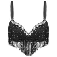 Sequin Tassel Rhinestone Push Up Belly Dance Top Bra - Black