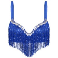 Sequin Tassel Rhinestone Push Up Belly Dance Top Bra - Royal Blue