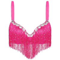 Sequin Tassel Rhinestone Push Up Belly Dance Top Bra - Hot Pink