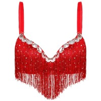 Sequin Tassel Rhinestone Push Up Belly Dance Top Bra - Red