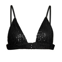 Glittering Sequins Beading Padded Push Up Spaghetti Strap Deep V Neck Bra - Black