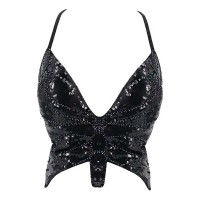 Sparkly Sequin Bandage Bra Belly Dance Vest Tank Butterfly Crop Top - Black