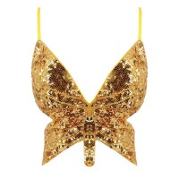 Sparkly Sequin Bandage Bra Belly Dance Vest Tank Butterfly Crop Top - Gold