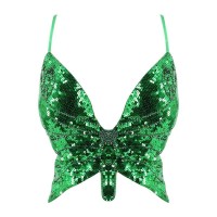 Sparkly Sequin Bandage Bra Belly Dance Vest Tank Butterfly Crop Top - Green