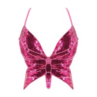 Sparkly Sequin Bandage Bra Belly Dance Vest Tank Butterfly Crop Top - HotPink