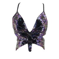 Sparkly Sequin Bandage Bra Belly Dance Vest Tank Butterfly Crop Top - Black Purple