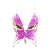 Sparkly Sequin Bandage Bra Belly Dance Vest Tank Butterfly Crop Top - HotPink Gold
