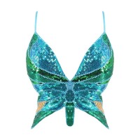 Sparkly Sequin Bandage Bra Belly Dance Vest Tank Butterfly Crop Top - SkyBlue Green