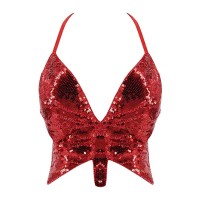 Sparkly Sequin Bandage Bra Belly Dance Vest Tank Butterfly Crop Top - Red