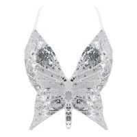 Sparkly Sequin Bandage Bra Belly Dance Vest Tank Butterfly Crop Top - Silver