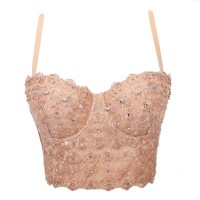 Lace Rhinestone Sequined Crop Top Glitters Tube Top Bralette - Beige