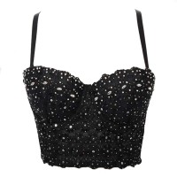 Lace Rhinestone Sequined Crop Top Glitters Tube Top Bralette - Black