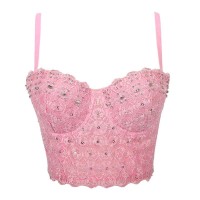 Lace Rhinestone Sequined Crop Top Glitters Tube Top Bralette - Pink