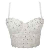 Lace Rhinestone Sequined Crop Top Glitters Tube Top Bralette - White