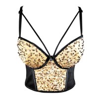 Mesh Stitching Velvet Sequined Crop Top Bead Embroidery Sling Sleeveless Tube Top Bralette - Gold