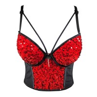 Mesh Stitching Velvet Sequined Crop Top Bead Embroidery Sling Sleeveless Tube Top Bralette - Red