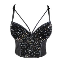 Mesh Stitching Velvet Sequined Crop Top Bead Embroidery Sling Sleeveless Tube Top Bralette - Silver