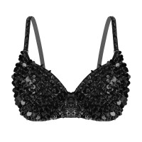 Glittering Sequins Beading Padded Push Up Belly Dance Bustier Bra - Black