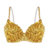 Glittering Sequins Beading Padded Push Up Belly Dance Bustier Bra - Gold