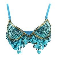 Halter Belly Sequin Tassel Push Up Belly Dance Top Bra - Blue