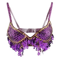 Halter Belly Sequin Tassel Push Up Belly Dance Top Bra - Purple